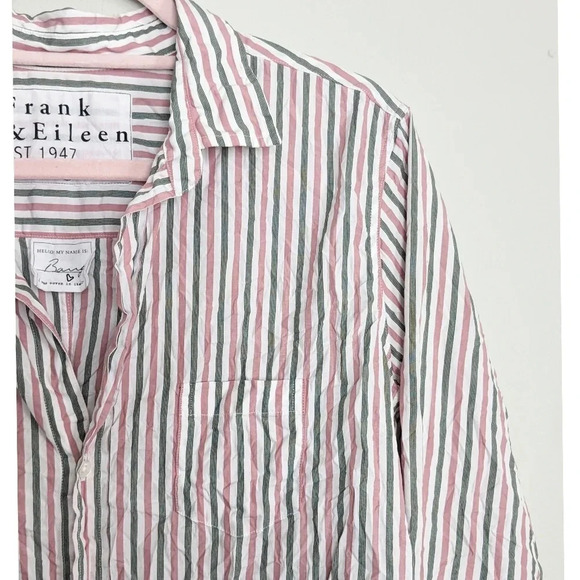 NEW Frank & Eileen Barry Crinkle Woven Button Up in Pink / Green Stripe - Picture 8 of 9